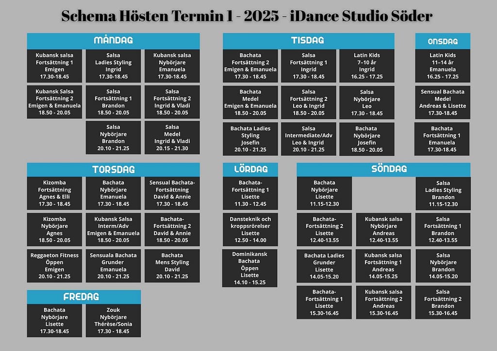 Schema danskurser - Hösttermin -1 - 2025 iDance Studio Söder