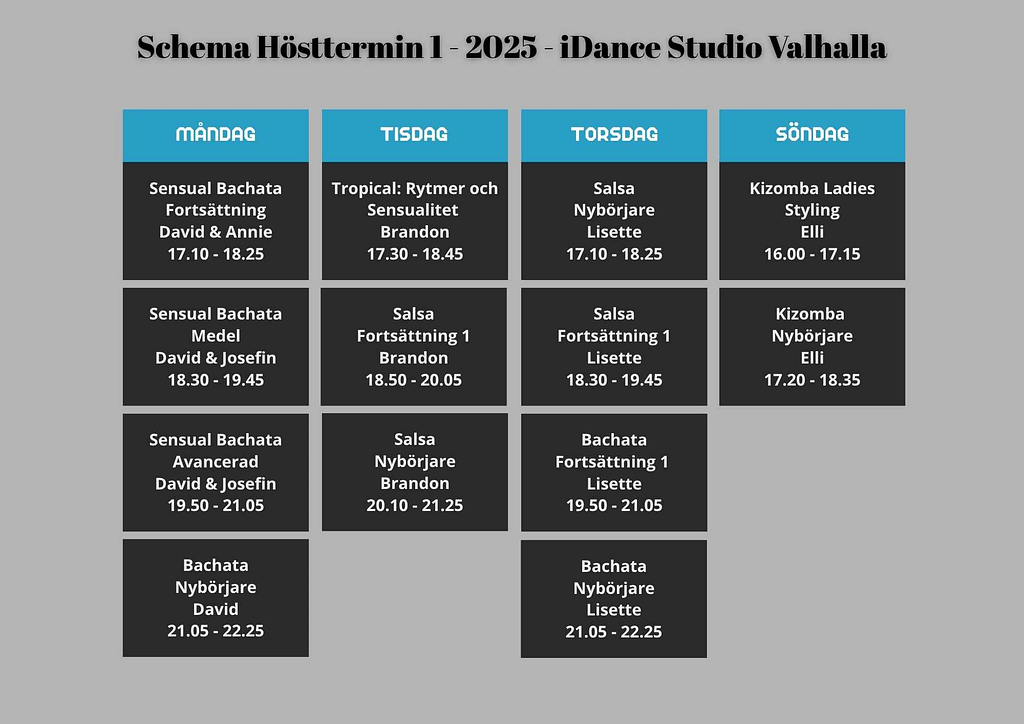 Schema danskurser - Hösttermin -1 - 2025 iDance Studio Valhalla